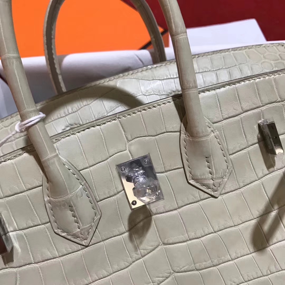 Sale Hermes 8L Beton White Crocodile Matt Leather Birkin Bag25CM Silver Hardware