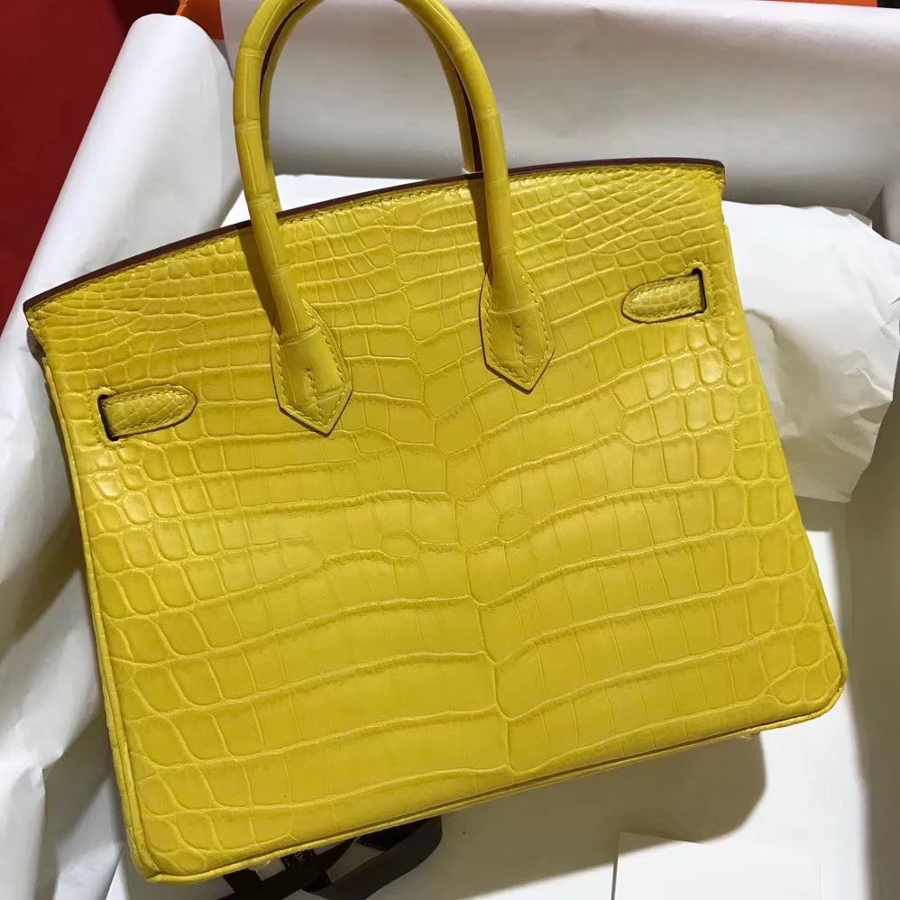 Fashion Hermes Crocodile Matt Leather Birkin25CM Bag in 9R Lemon Yellow