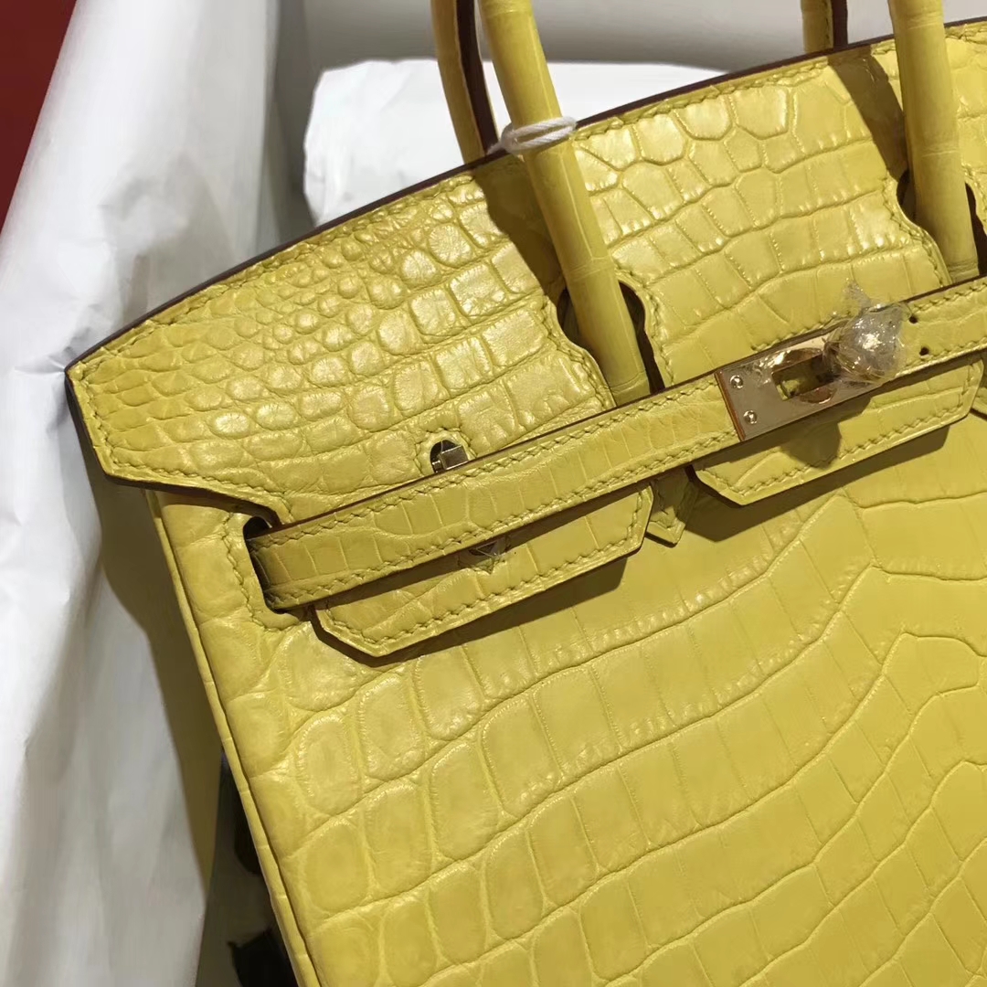 Fashion Hermes Crocodile Matt Leather Birkin25CM Bag in 9R Lemon Yellow