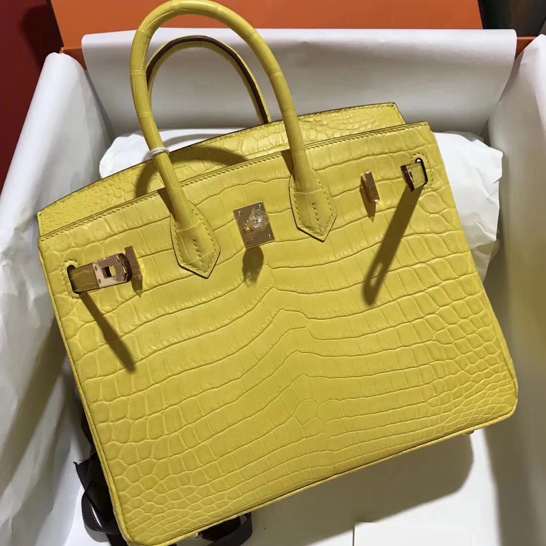 Fashion Hermes Crocodile Matt Leather Birkin25CM Bag in 9R Lemon Yellow