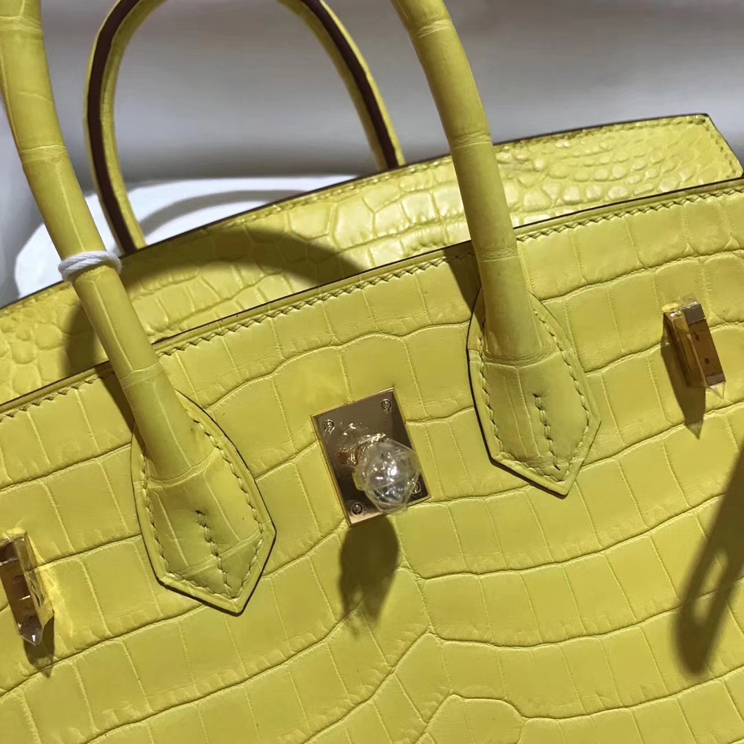 Fashion Hermes Crocodile Matt Leather Birkin25CM Bag in 9R Lemon Yellow