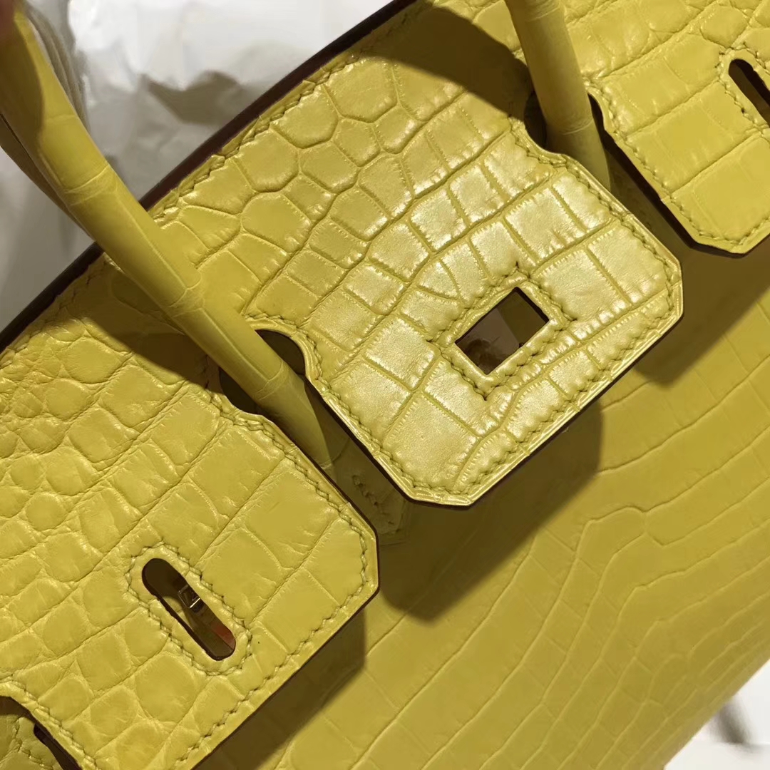 Fashion Hermes Crocodile Matt Leather Birkin25CM Bag in 9R Lemon Yellow