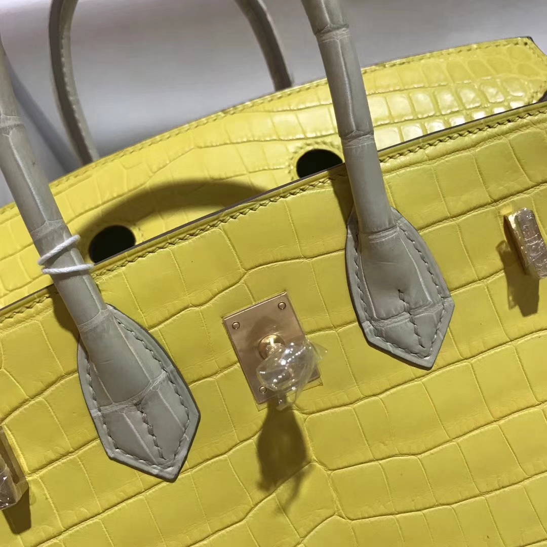 Discount Hermes 9R Lemone Yellow/8L Beton White Crocodile Matt Birkin25CM Bag