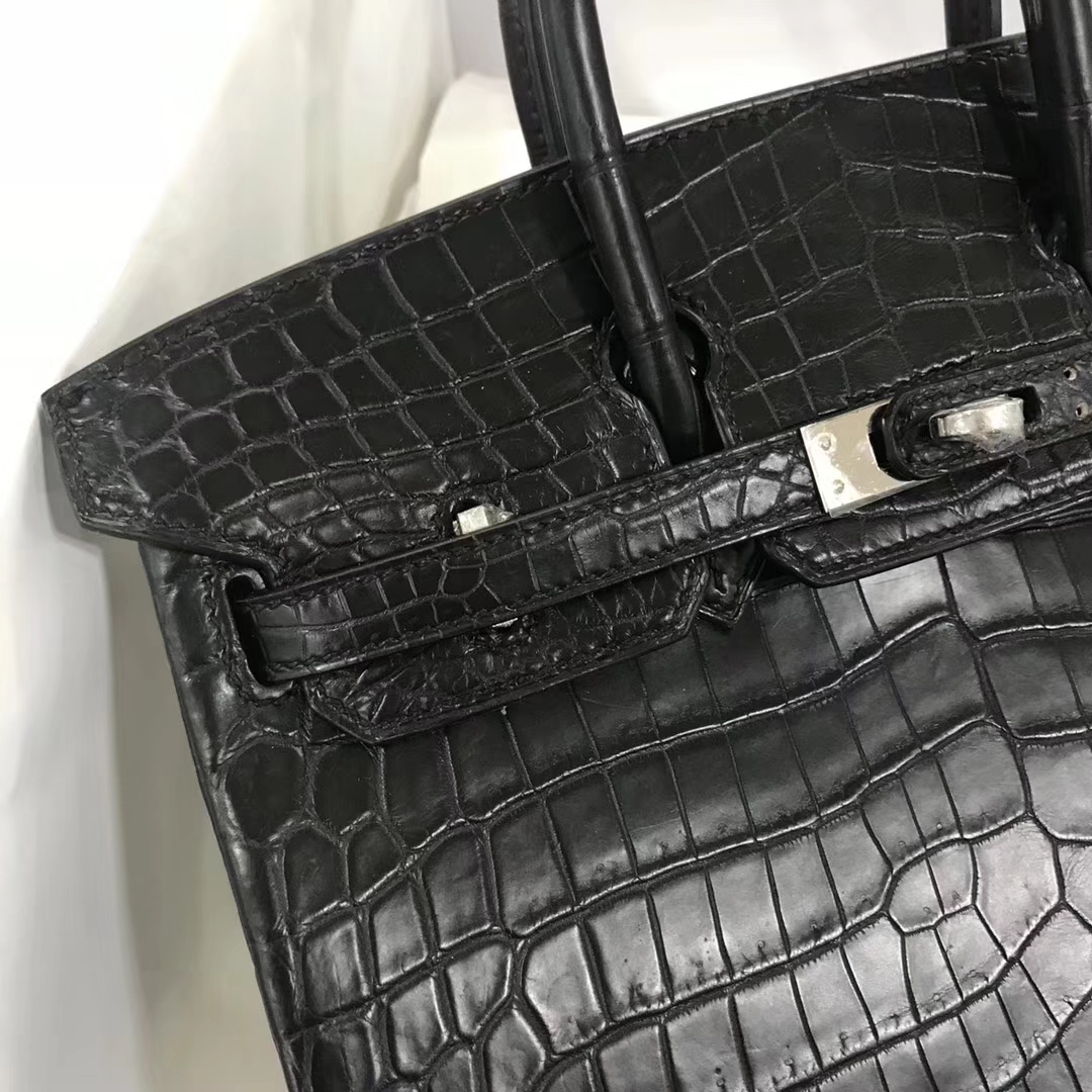Elegant Hermes CK89 Black Crocodile Matt Leather Birkin Tote Bag25CM