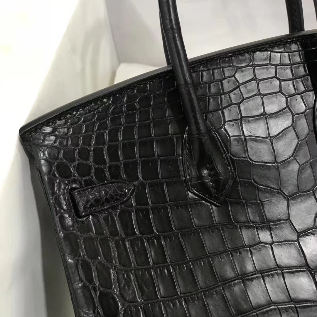 Elegant Hermes CK89 Black Crocodile Matt Leather Birkin Tote Bag25CM
