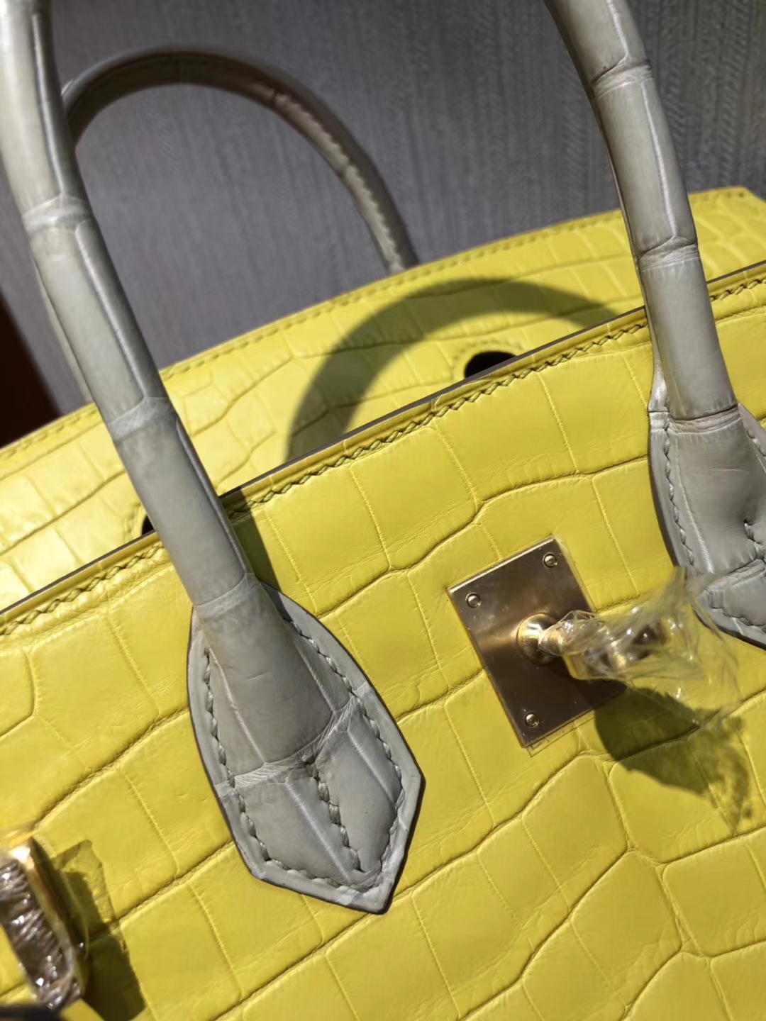 New Hermes 9R Lemone Yellow/8L Beton White Crocodile Matt Birkin25CM Bag