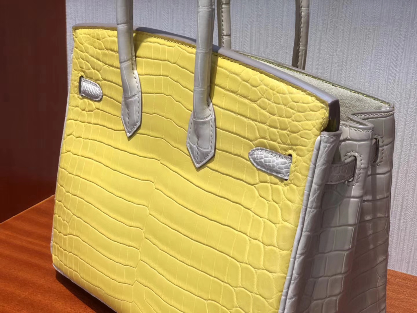 New Hermes 9R Lemone Yellow/8L Beton White Crocodile Matt Birkin25CM Bag