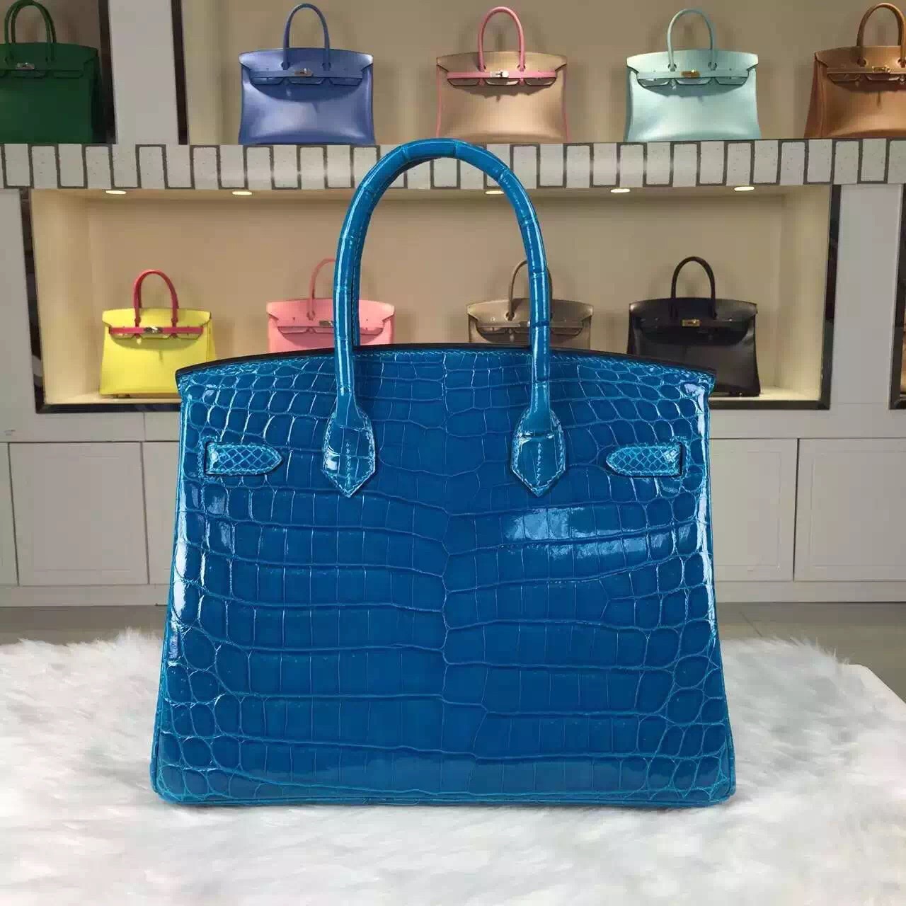 Discount Hermes 7W Blue Izmir Original Crocodile Leather Birkin Bag30cm Gold Hardware
