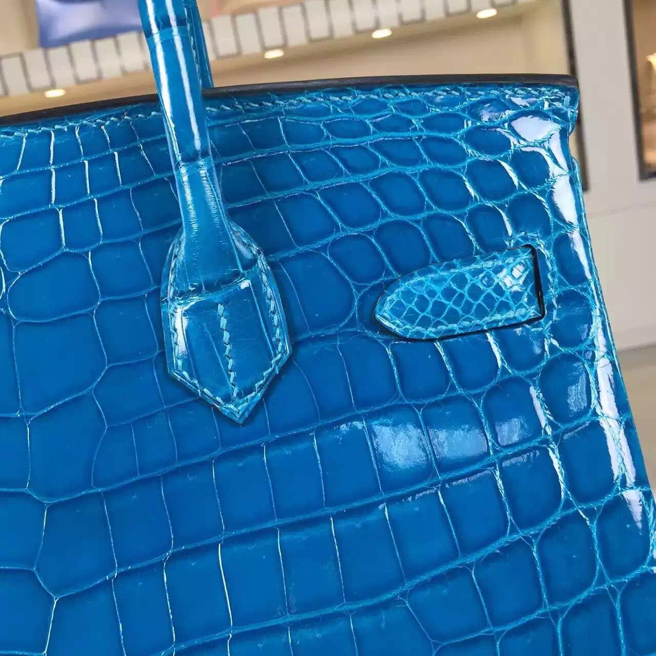 Discount Hermes 7W Blue Izmir Original Crocodile Leather Birkin Bag30cm Gold Hardware