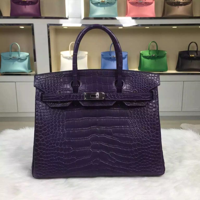 Hermes Black Currant Purple Crocodile matt Leather Birkin Bag  30CM