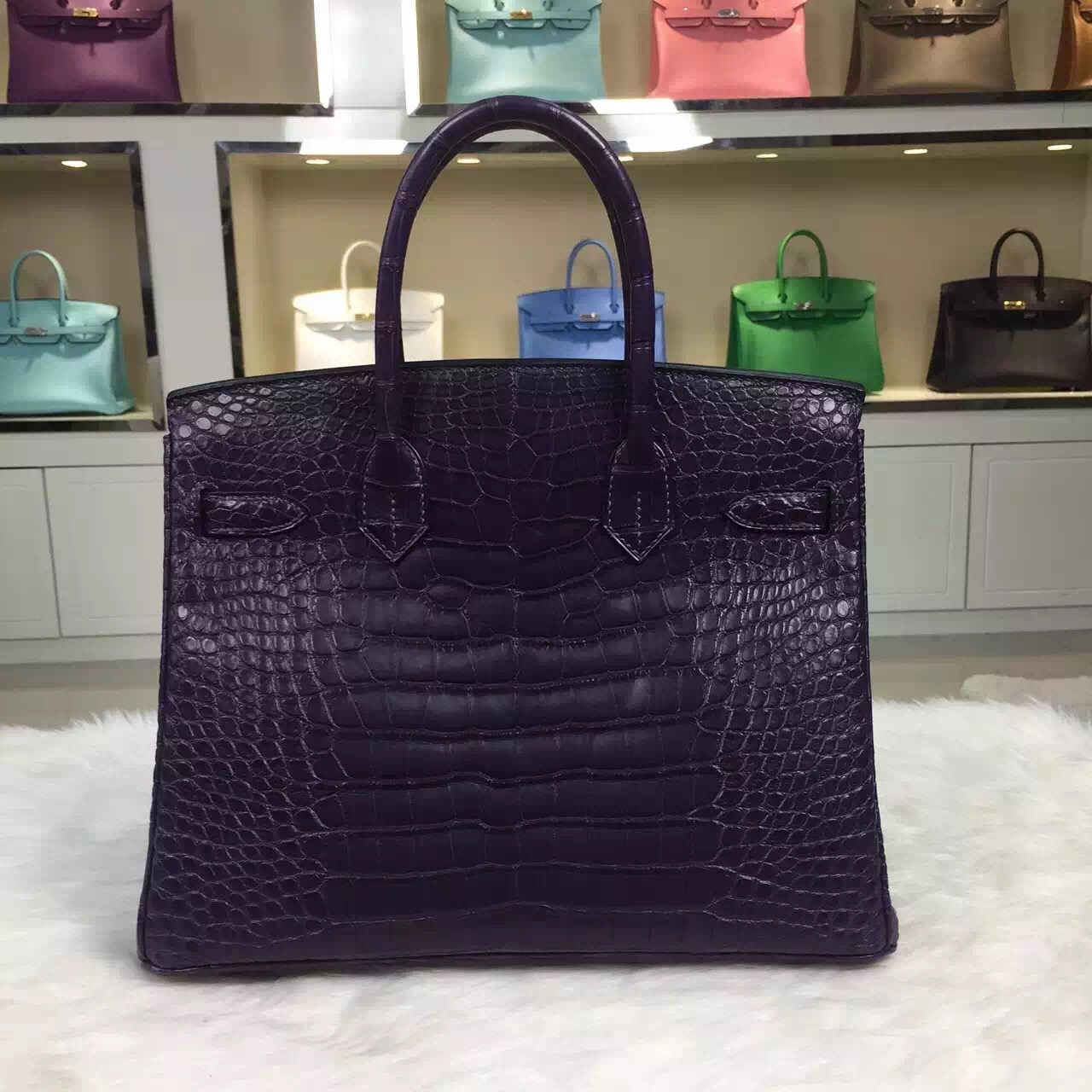 Wholesale Hermes Black Currant Purple Crocodile matt Leather Birkin Bag 30CM