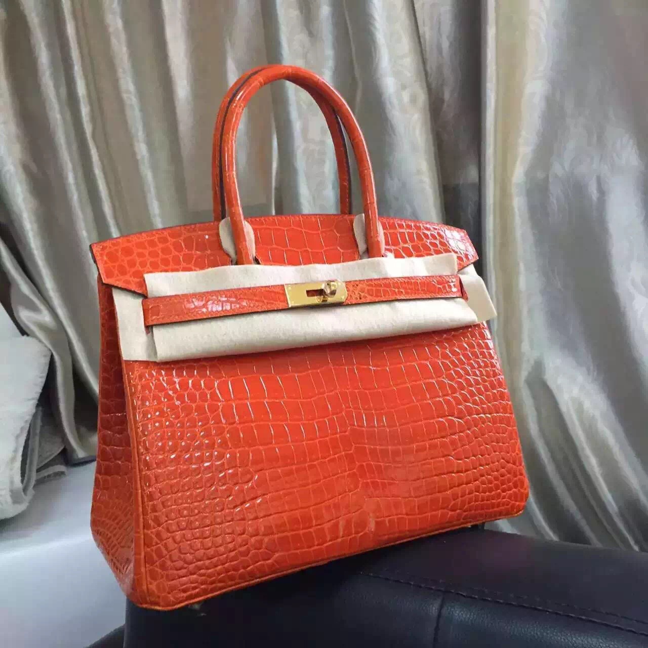 Hermes Custom-made Birkin 30CM Original Crocodile Shiny Leather Tote Bag in Orange
