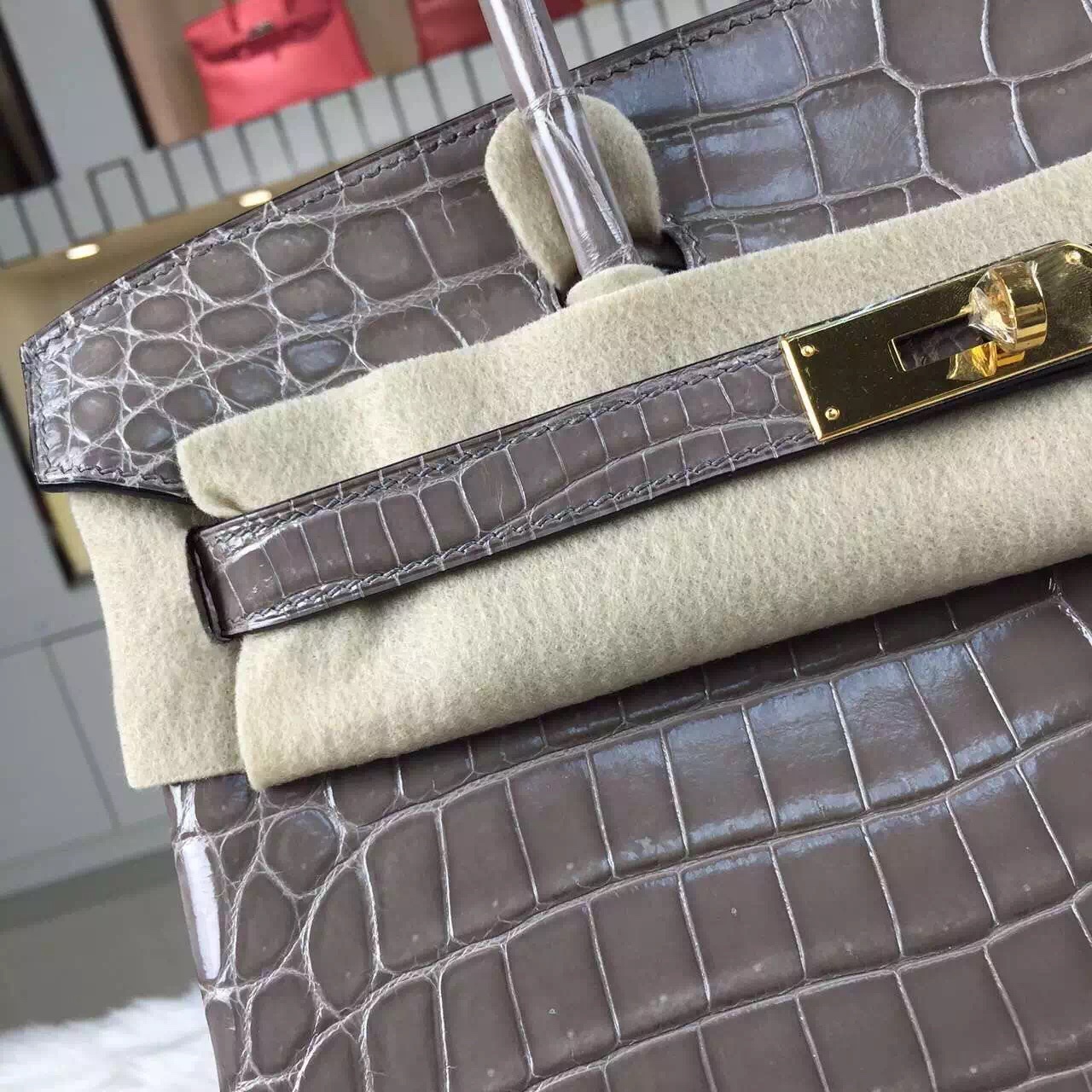 Wholesale Hermes Birkin30CM Etoupe Grey Original Crocodile Shiny Leather Gold Hardware