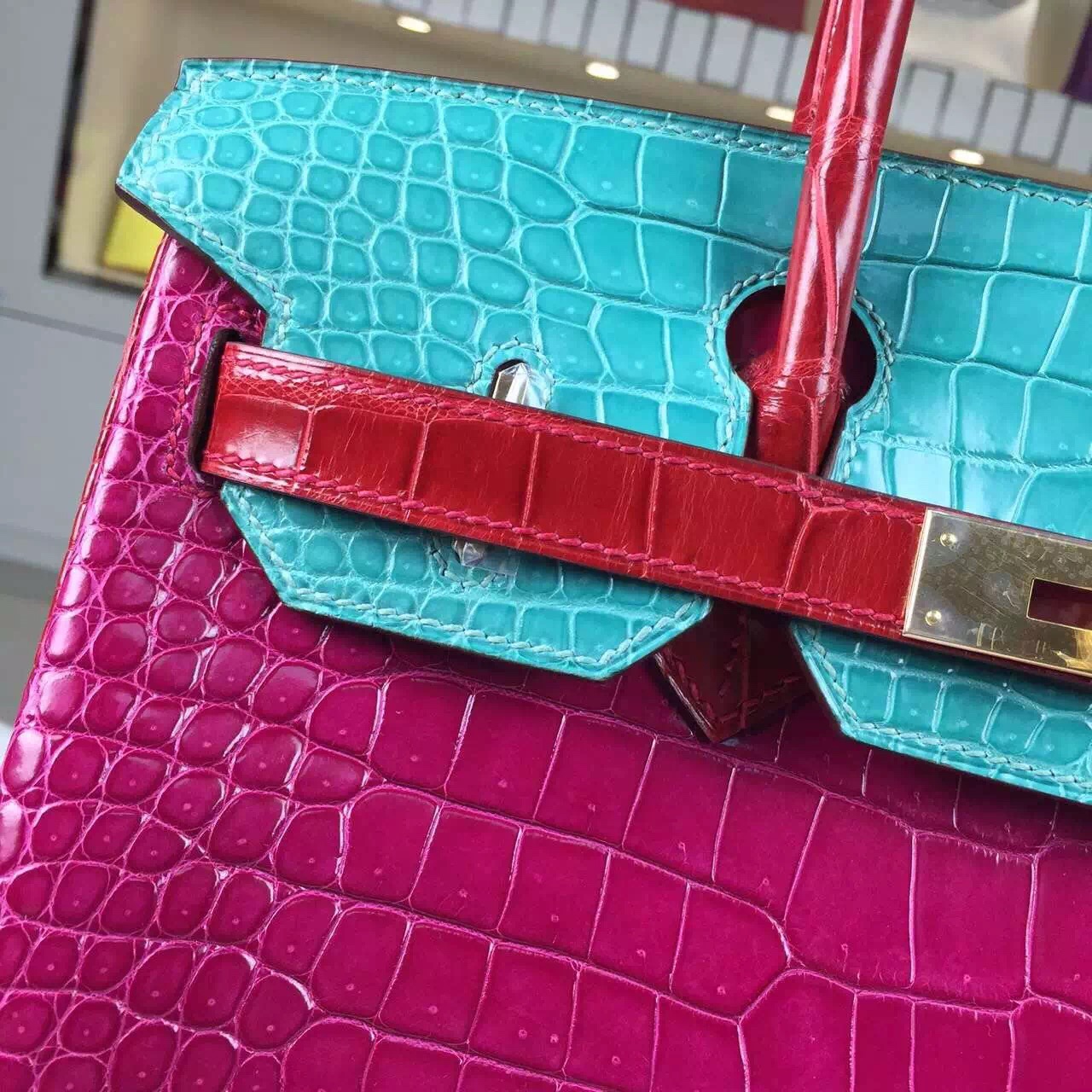 2015 New Hermes Birkin Bag30CM Color-blocking Crocodile Shiny Leather J5/6W/Q5