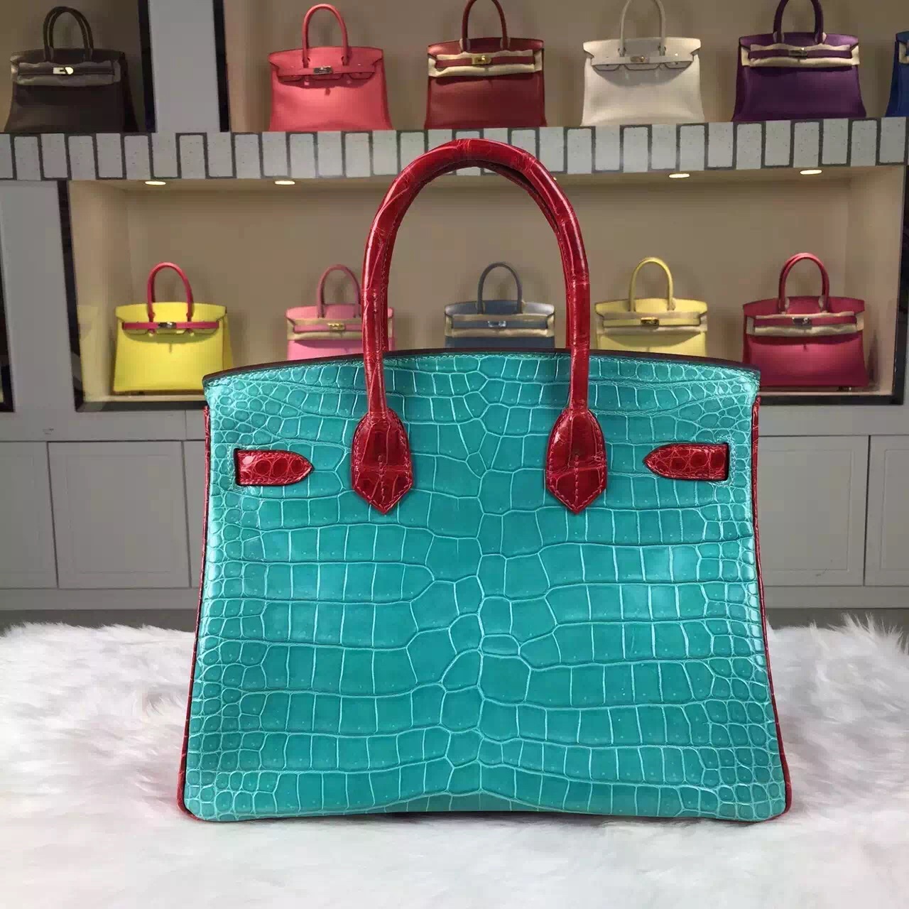 2015 New Hermes Birkin Bag30CM Color-blocking Crocodile Shiny Leather J5/6W/Q5