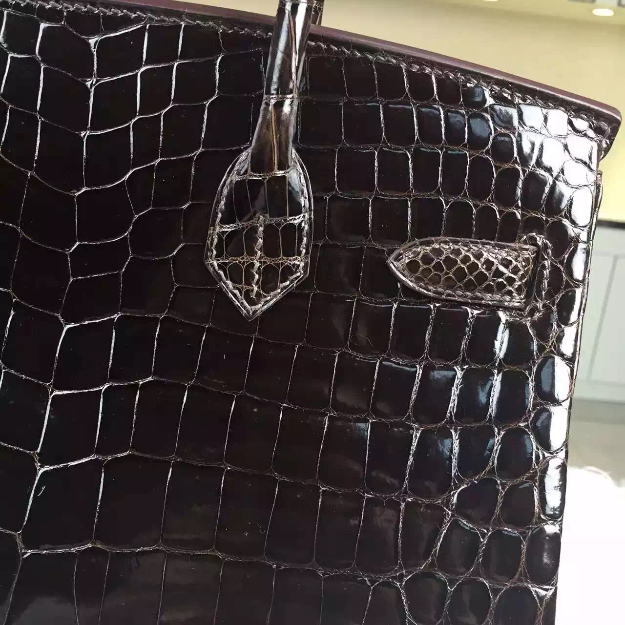 Hand Stitching Hermes Birkin Bag30cm Dark Coffee HCP Crocodile Leather Handbag