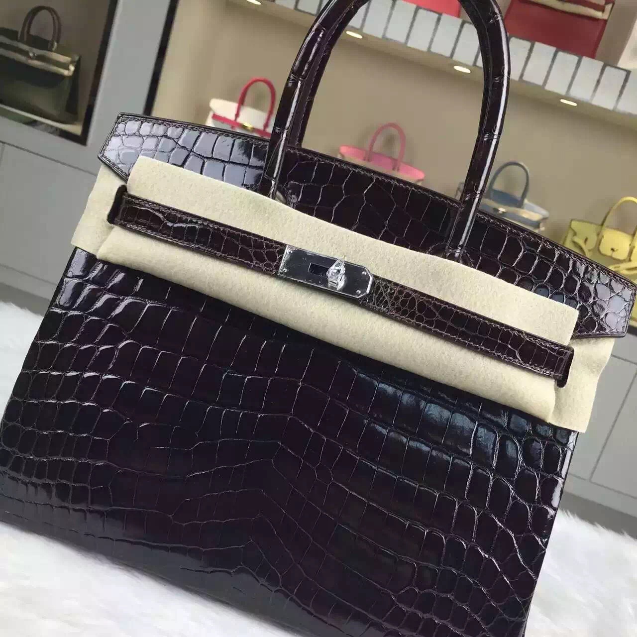 Hand Stitching Hermes Birkin Bag30cm Dark Coffee HCP Crocodile Leather Handbag