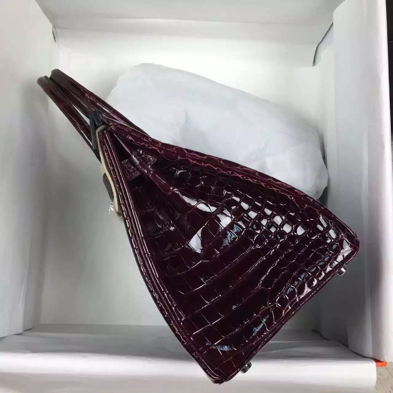 Hand Stitching Hermes CK57 Bordeaux Red HCP Crocodile Shiny Leather Birkin Bag30cm