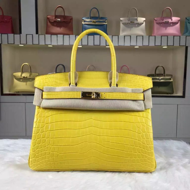 Hermes Birkin Bag 30cm Crocodile Matt Leather 9R Lemon Yellow Womens Handbag