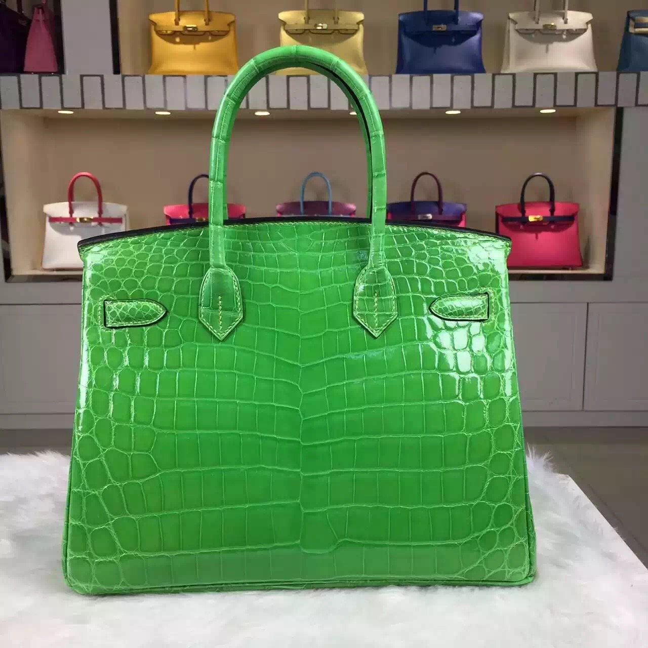 New Pretty Hermes Fluorescent Green Crocodile Leather Birkin30 Gold Hardware