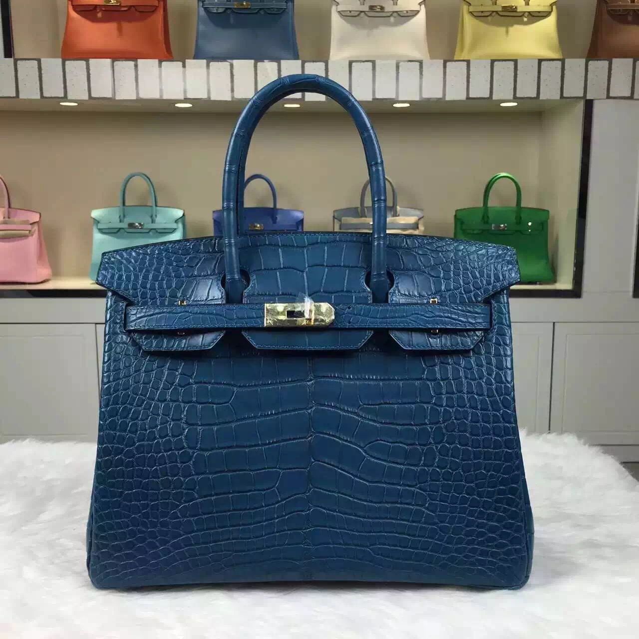 Wholesale Hermes Crocodile Matt Birkin Bag 7L Blue De Maite 30CM