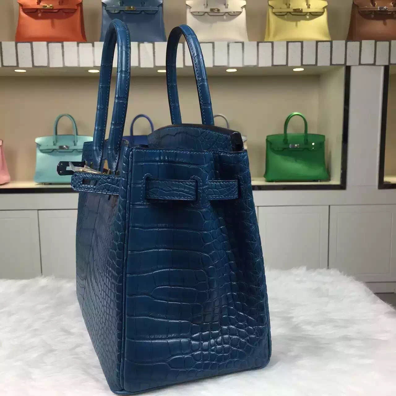 Wholesale Hermes Crocodile Matt Birkin Bag 7L Blue De Maite 30CM