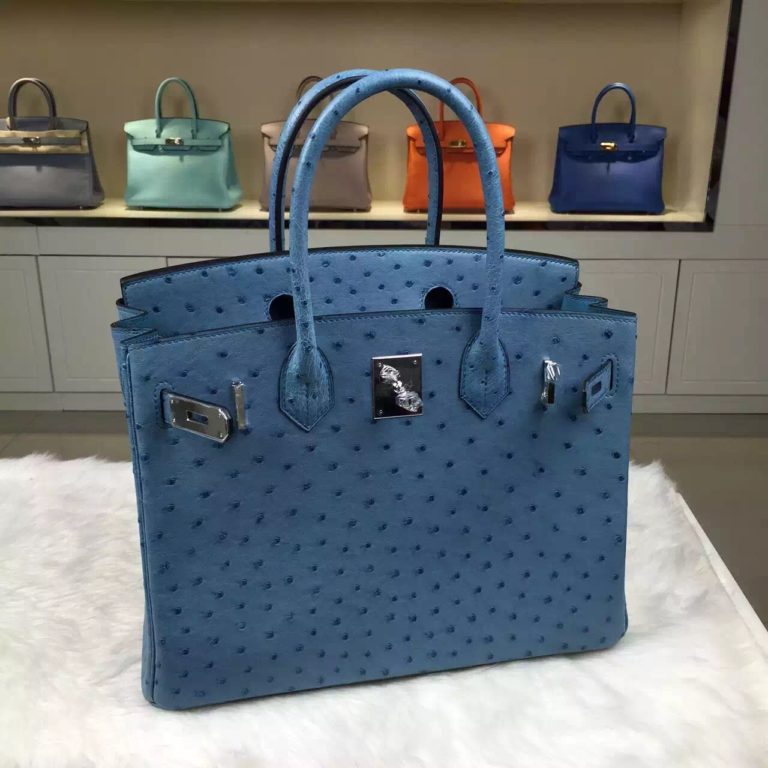 Online Store Hermes Birkin 30 Bright Blue Ostrich Leather Tote Bag