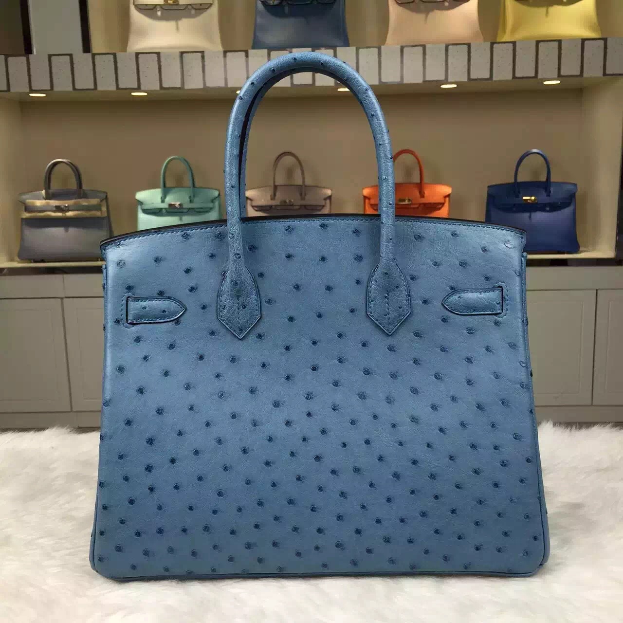 Online Store Hermes Birkin30 Bright Blue Ostrich Leather Tote Bag