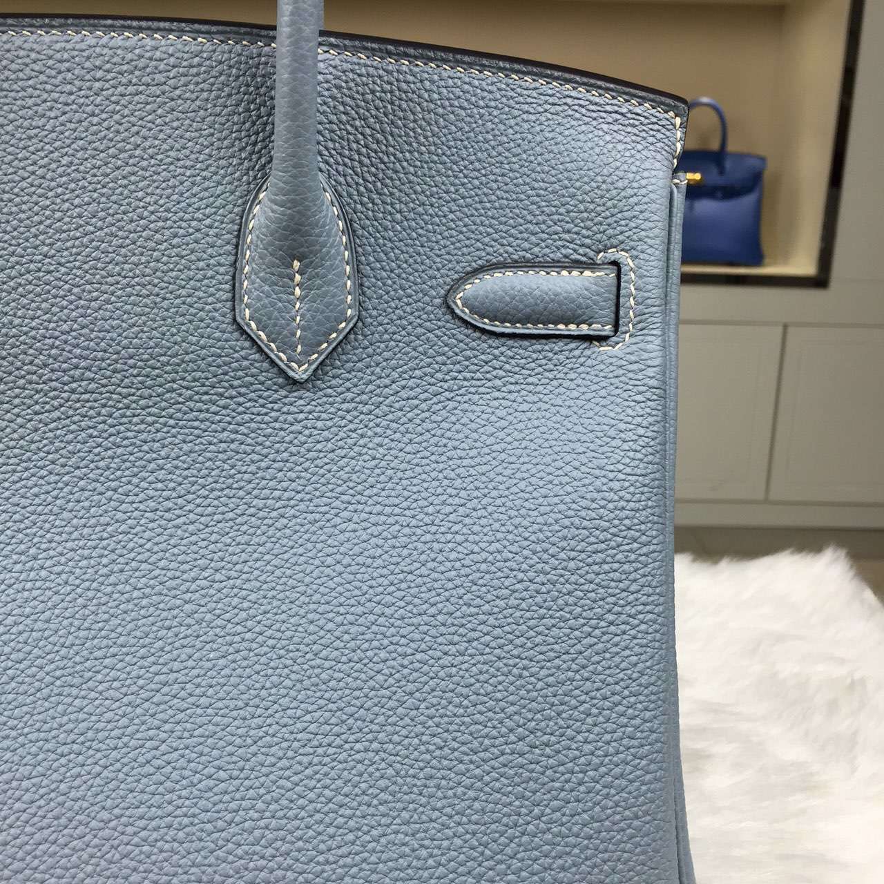 Hand Stitching Hermes Togo Leather Birkin30 Handbag J7 Blue Lin