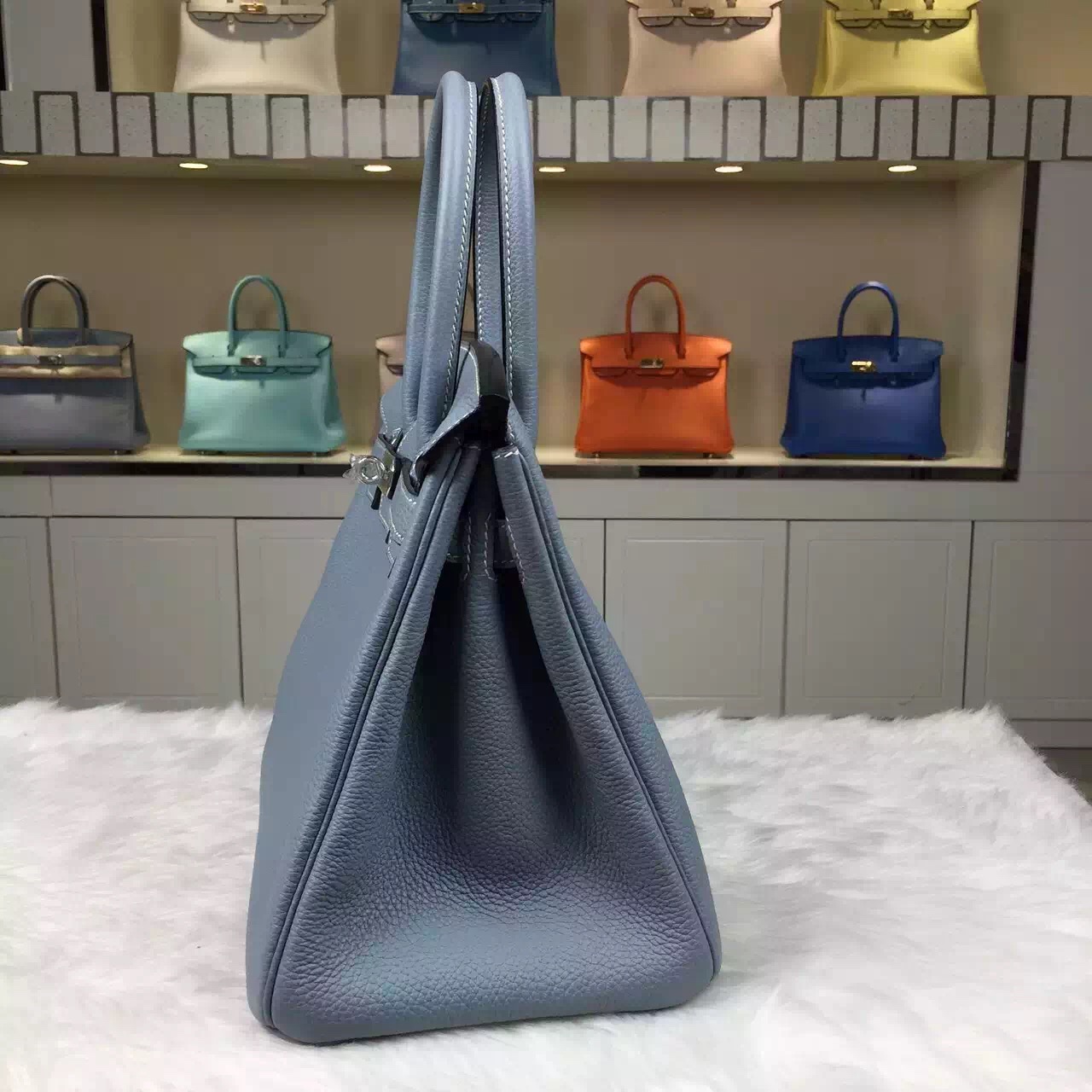 Hand Stitching Hermes Togo Leather Birkin30 Handbag J7 Blue Lin