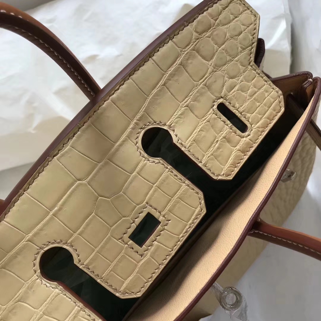 Fashion Hermes Apricot Crocodile Matt &#038; Brown Box Calf Birkin25CM Handbag