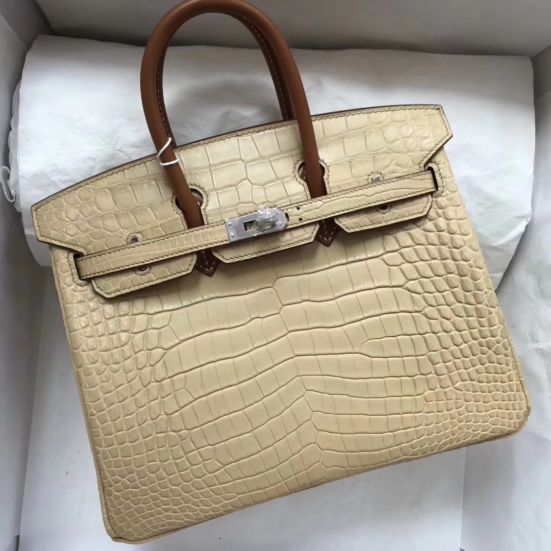 Fashion Hermes Apricot Crocodile Matt & Brown Box Calf Birkin25CM Handbag