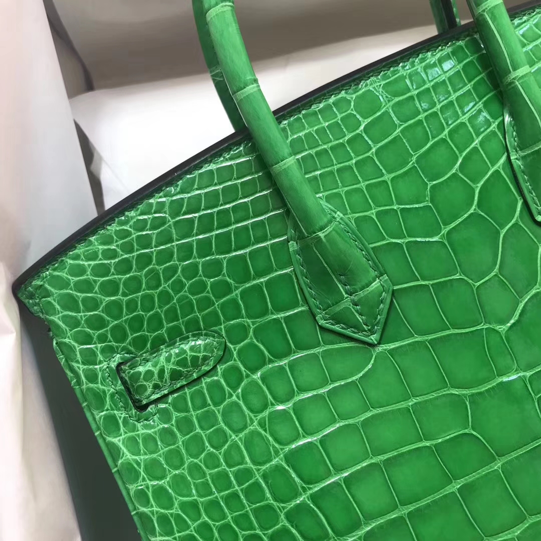 New Arrival Hermes 1L Cacti Green Shiny Crocodile Leather Birkin25CM Bag Gold Hardware