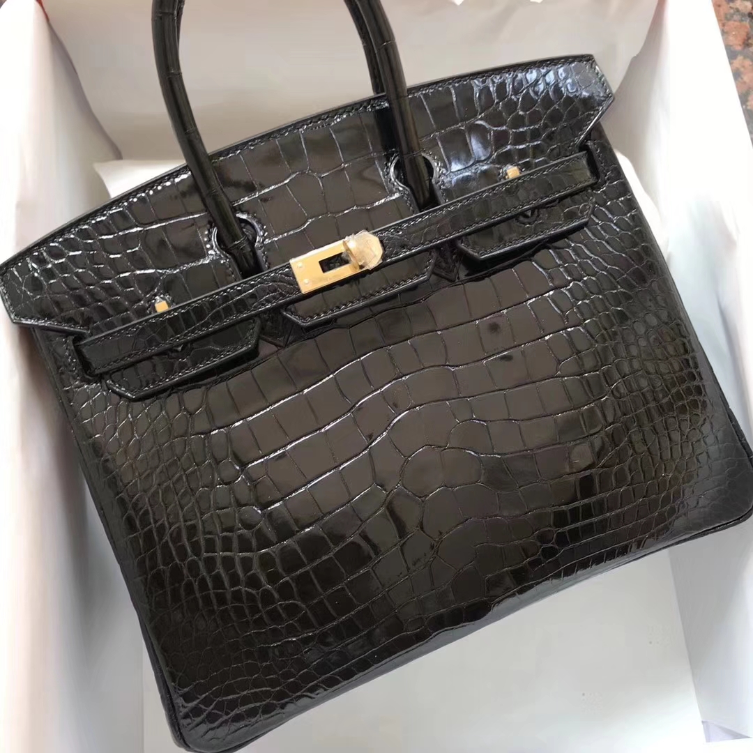 Wholesale Hermes Shiny Crocodile Birkin Bag25CM in CK89 Black Gold Hardware