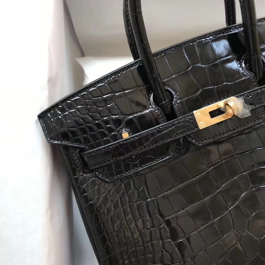 Wholesale Hermes Shiny Crocodile Birkin Bag25CM in CK89 Black Gold Hardware