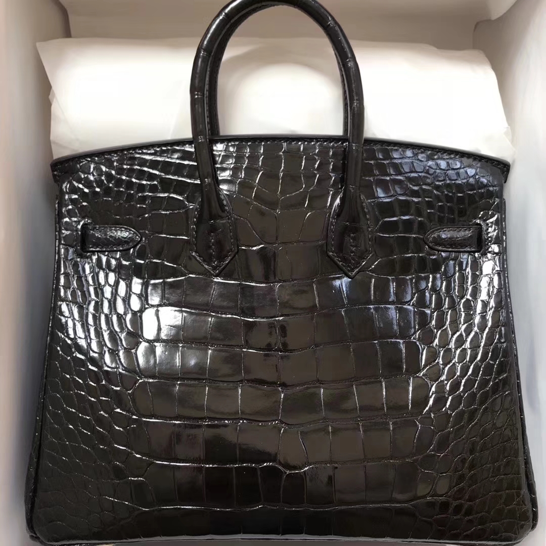 Wholesale Hermes Shiny Crocodile Birkin Bag25CM in CK89 Black Gold Hardware