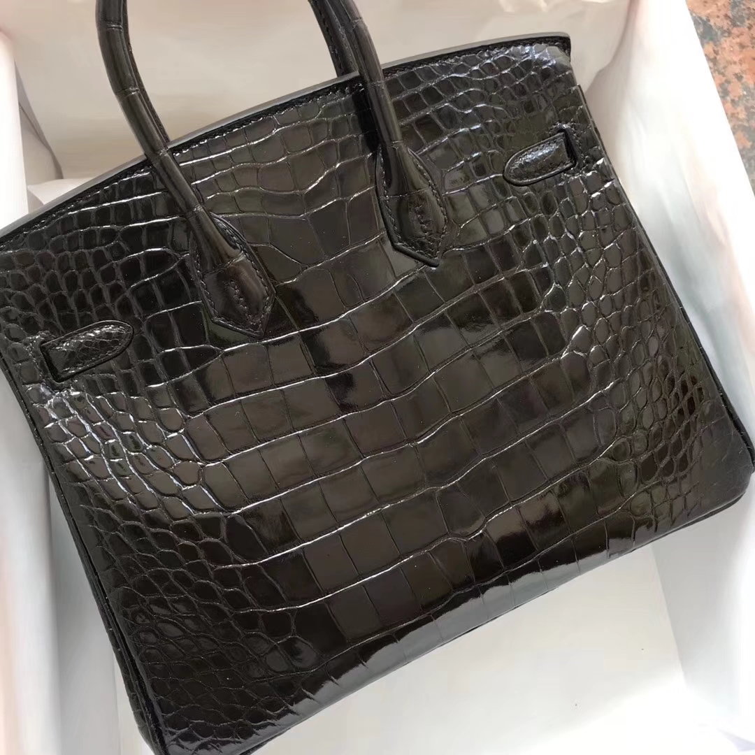 Wholesale Hermes Shiny Crocodile Birkin Bag25CM in CK89 Black Gold Hardware