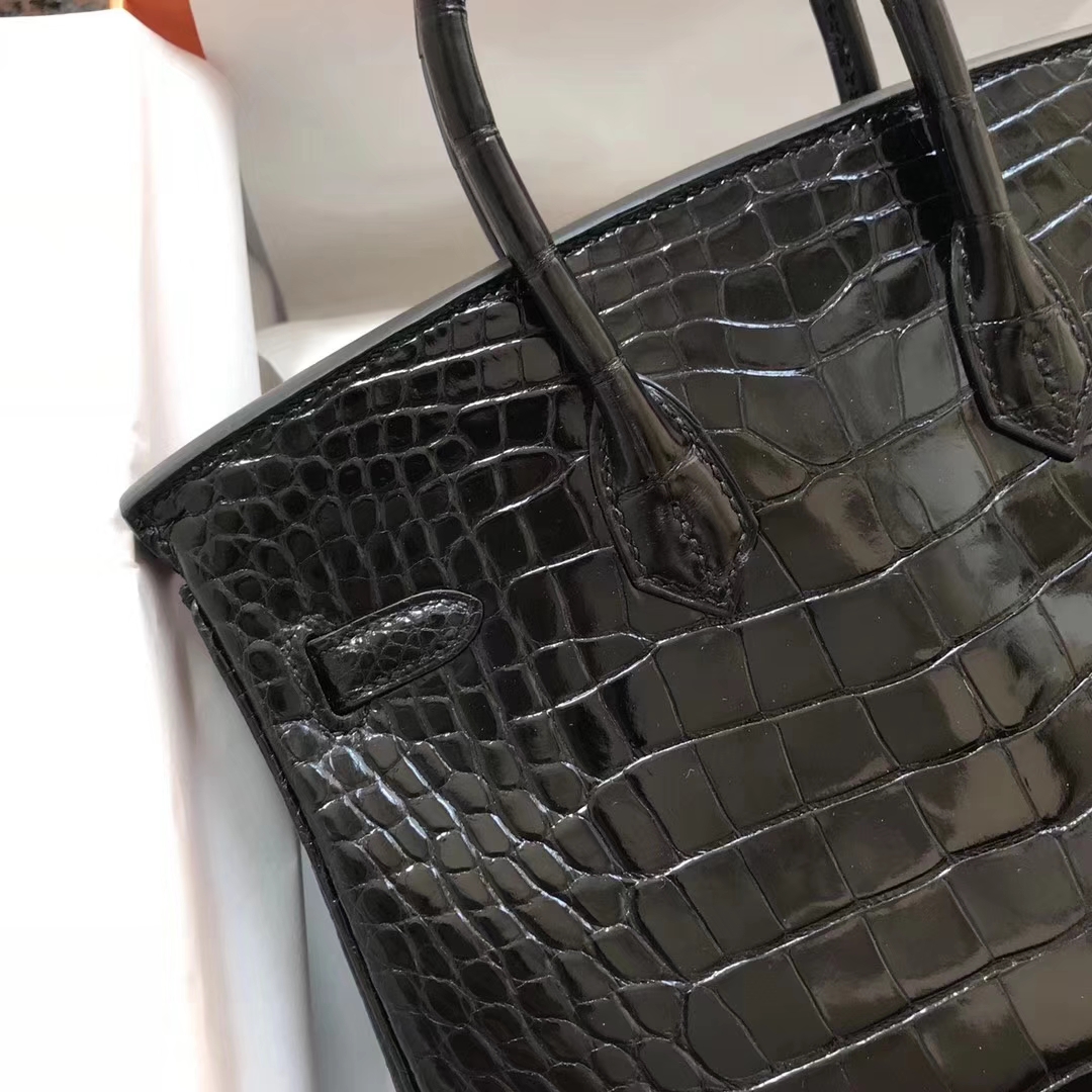 Wholesale Hermes Shiny Crocodile Birkin Bag25CM in CK89 Black Gold Hardware