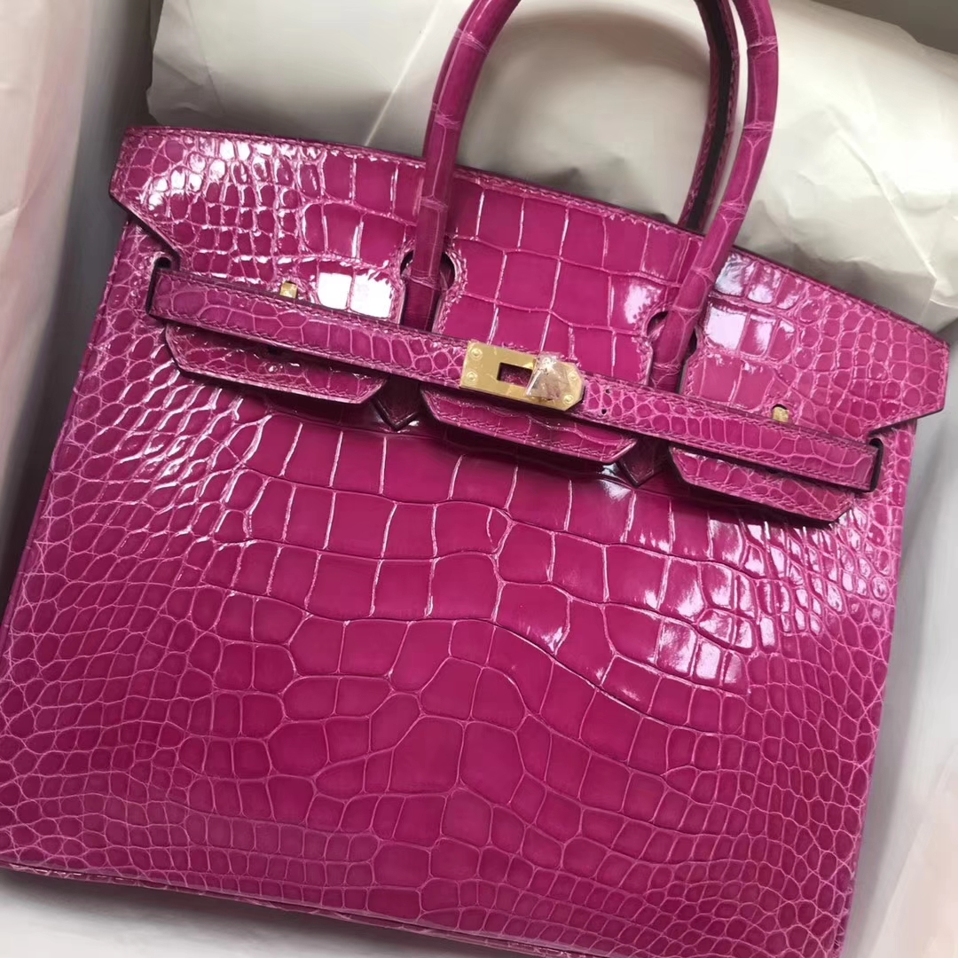 Hermes Shiny Crocodile Birkin Bag25CM in J5 Rose Scheherazade Gold Hardware