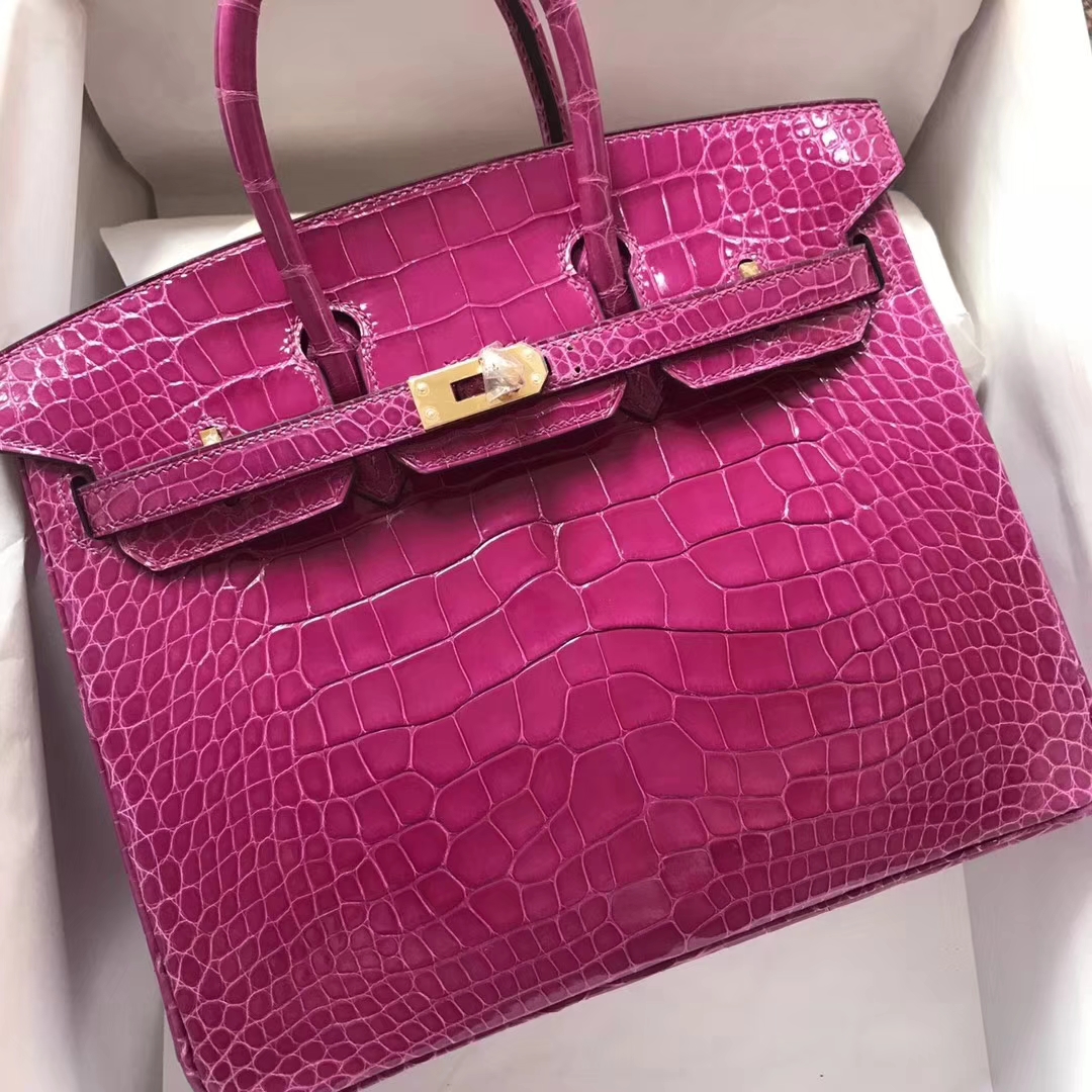 Hermes Shiny Crocodile Birkin Bag25CM in J5 Rose Scheherazade Gold Hardware