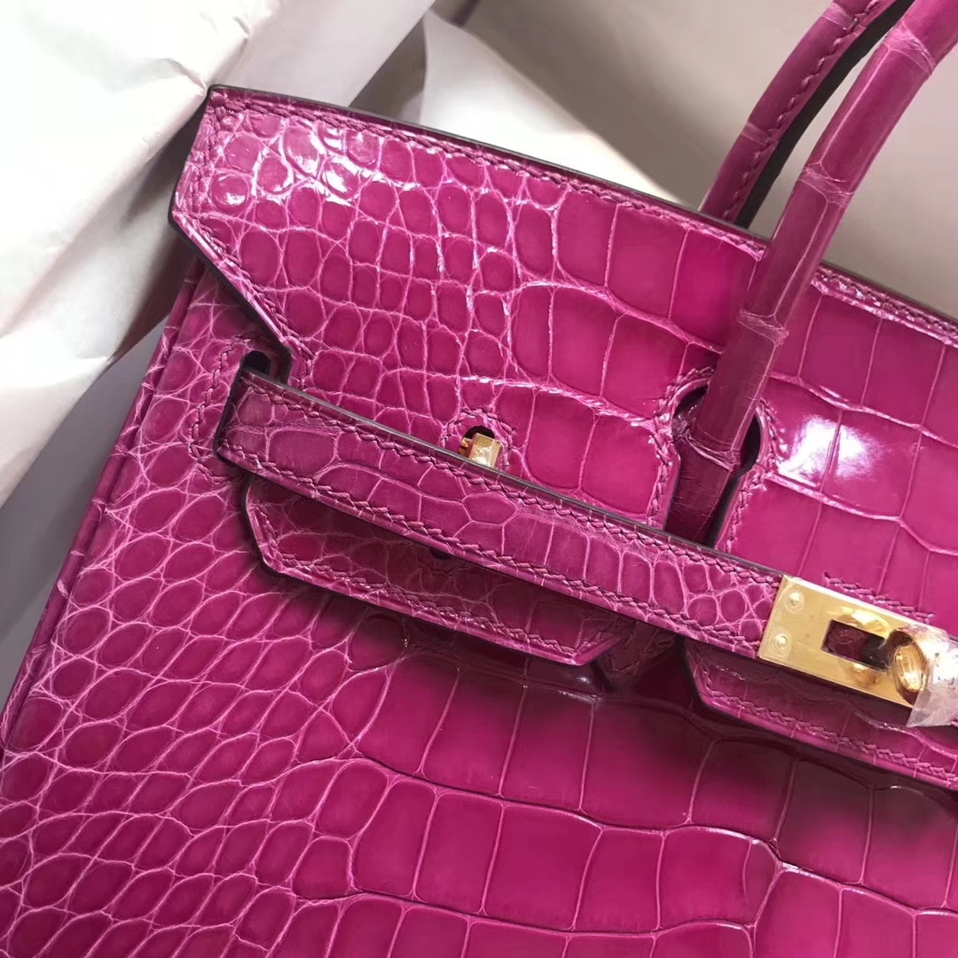 Hermes Shiny Crocodile Birkin Bag25CM in J5 Rose Scheherazade Gold Hardware
