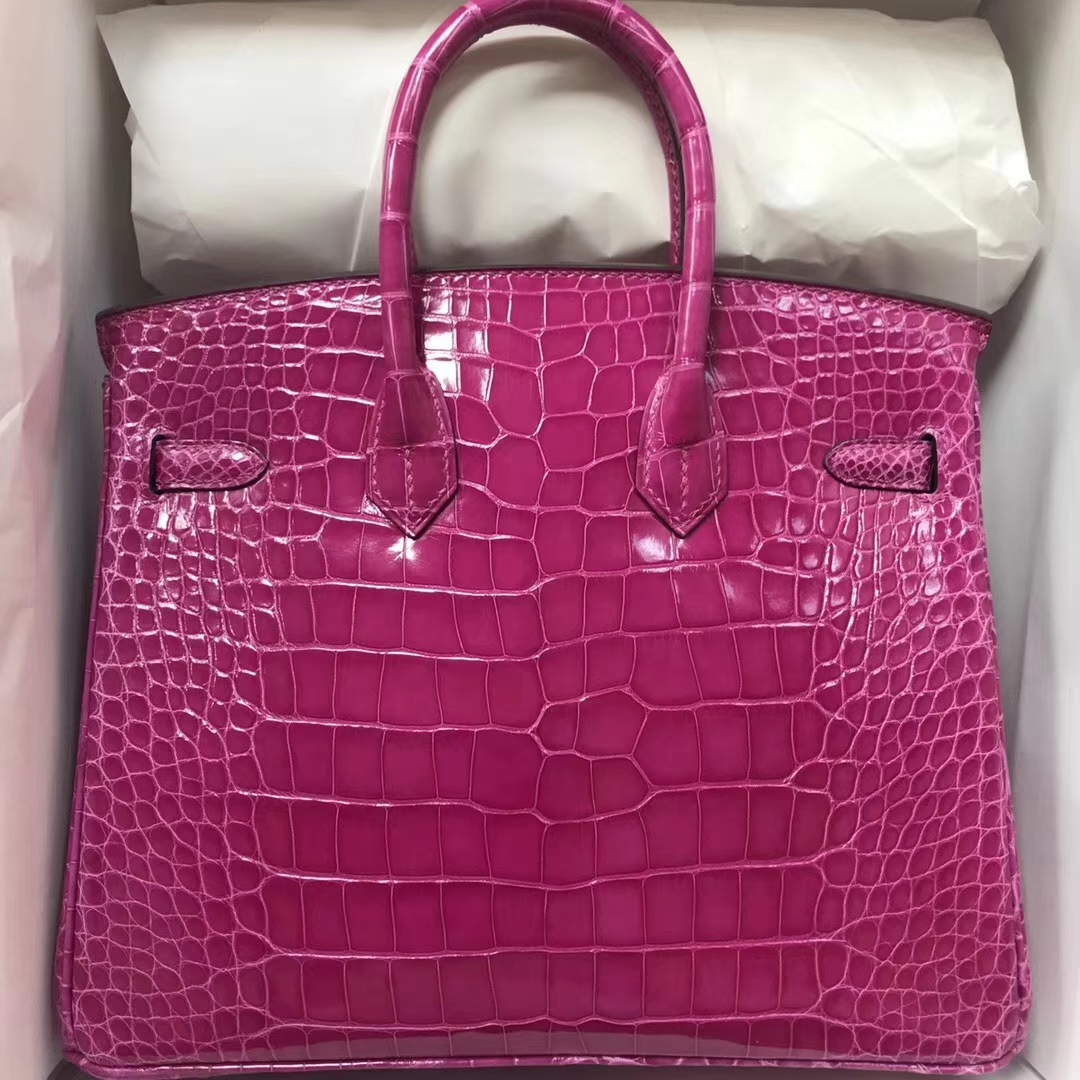 Hermes Shiny Crocodile Birkin Bag25CM in J5 Rose Scheherazade Gold Hardware