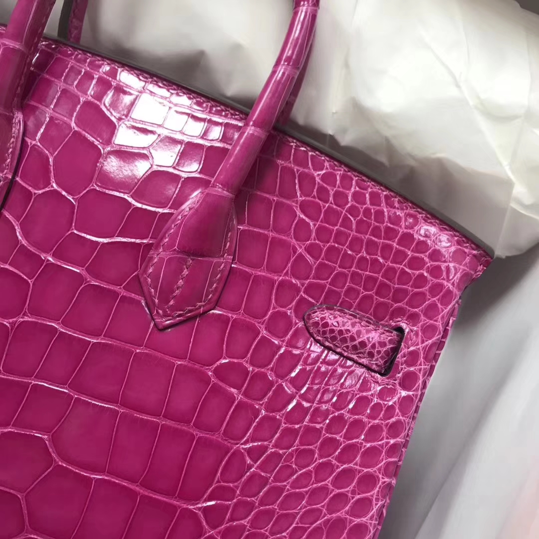 Hermes Shiny Crocodile Birkin Bag25CM in J5 Rose Scheherazade Gold Hardware