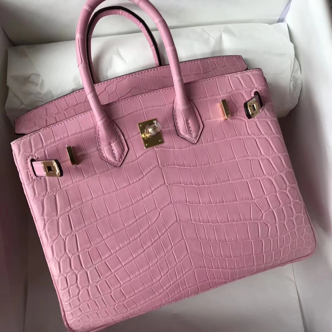 Pretty Hermes Crocodile Matt Birkin25CM Bag in 5P Rose Sakura Gold Hardware