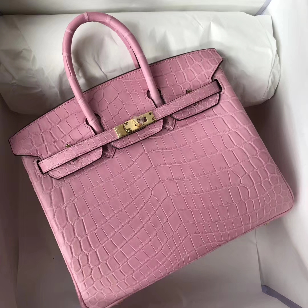 Pretty Hermes Crocodile Matt Birkin25CM Bag in 5P Rose Sakura Gold Hardware