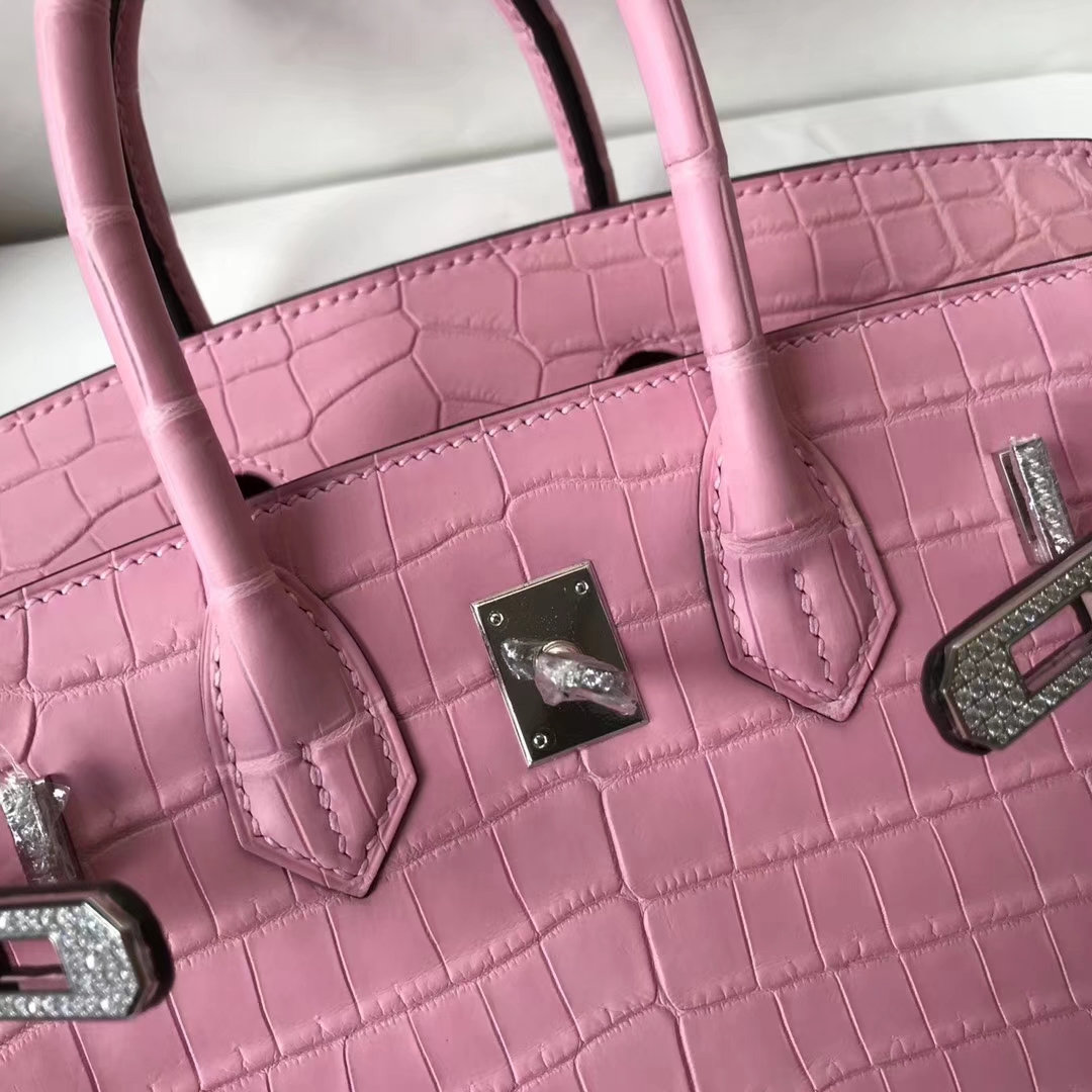 Fashion 5P Rose Sakura Crocodile Matt Leather Birkin25CM Bag Diamond Hardware
