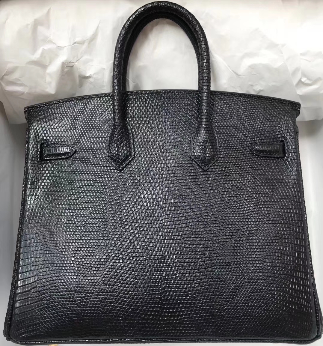 Wholesale Hermes CK89 Black Lizard Leather Birkin25CM Gold Hardware