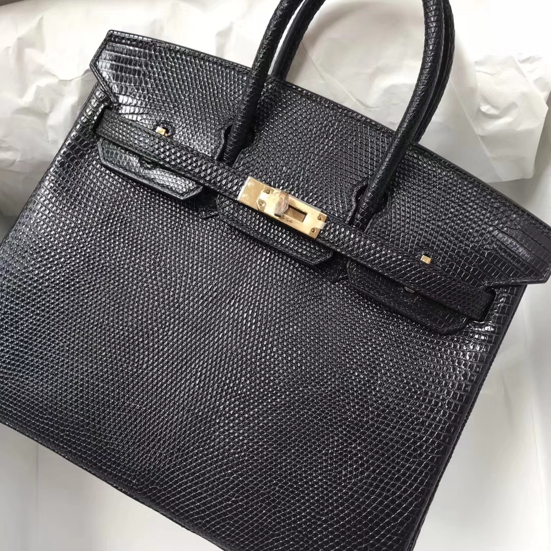 Wholesale Hermes CK89 Black Lizard Leather Birkin25CM Gold Hardware