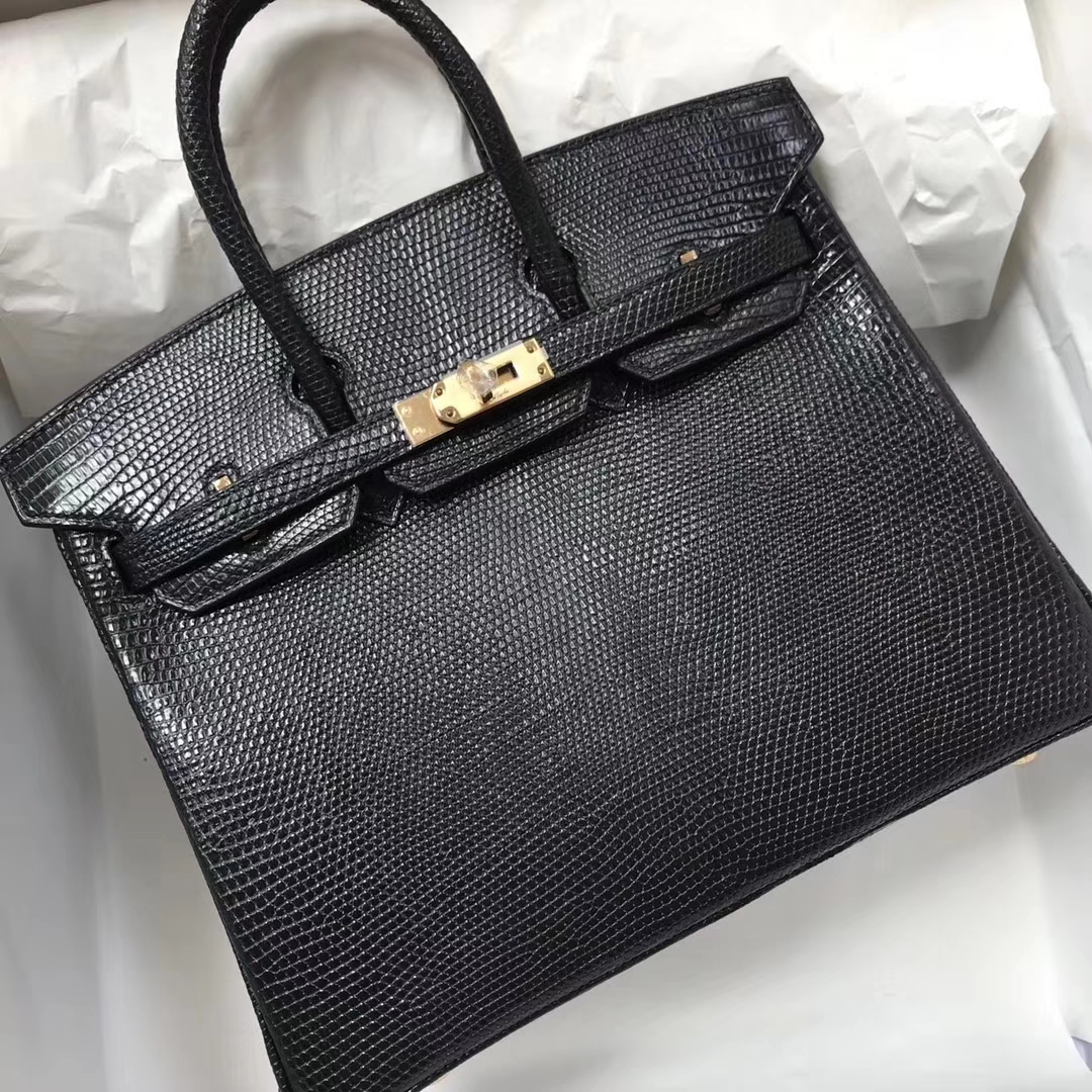 Wholesale Hermes CK89 Black Lizard Leather Birkin25CM Gold Hardware