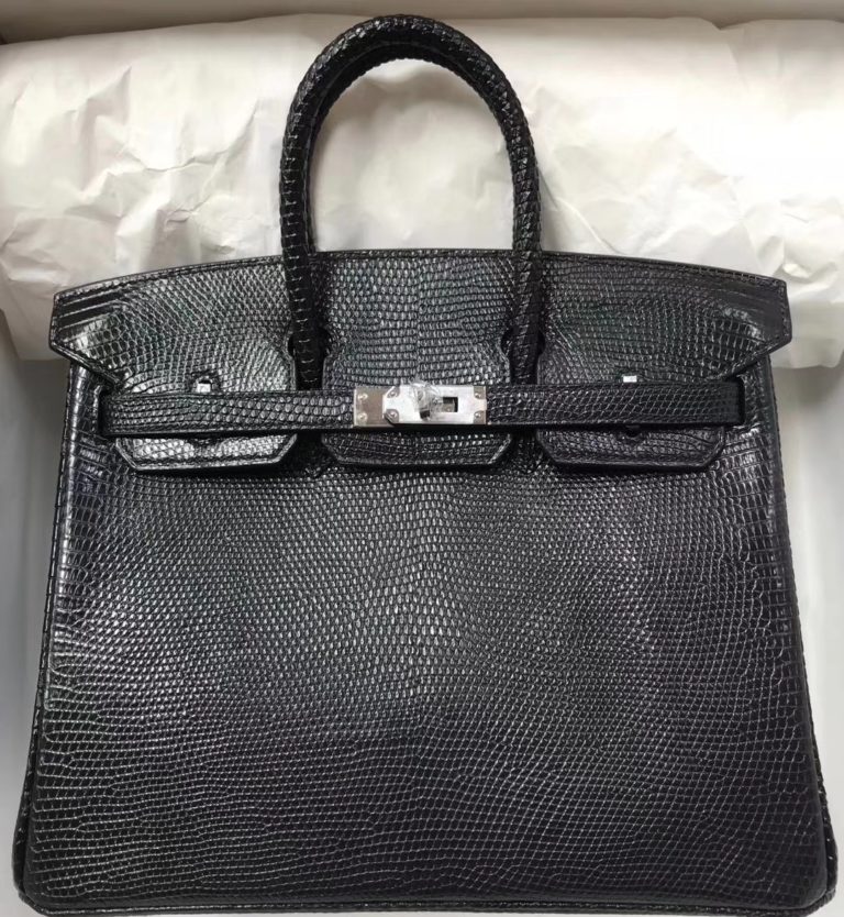 Hermes Lizard Birkin Bag 25CM in CK89 Black Silver Hardware